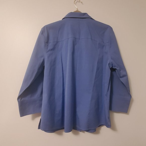 FOXCROFT Blue Women's Button Down Shirt Blouse V Neck Collared 3/4 Sleeves sz 12 - Picture 5 of 8